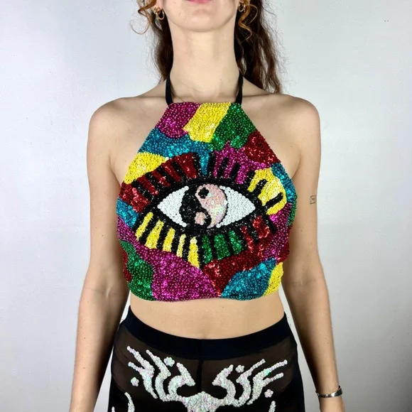 Discount Universe Tribal Skeleton Sequin Pants Sheer NWOT - Picture 9 of 9